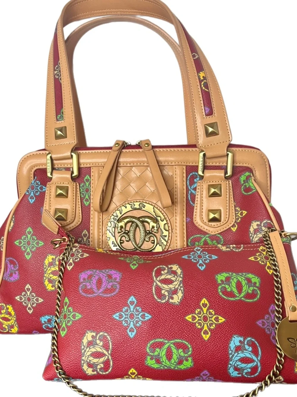Sharif 2 Pcs. Red Patterned Tote and Mini Bag Set
